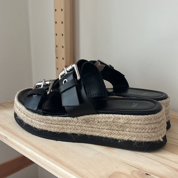 Zara (VGUC) | Black Leather Wedges Slip Sandals with Buckle and Platform - Picture 8 of 16